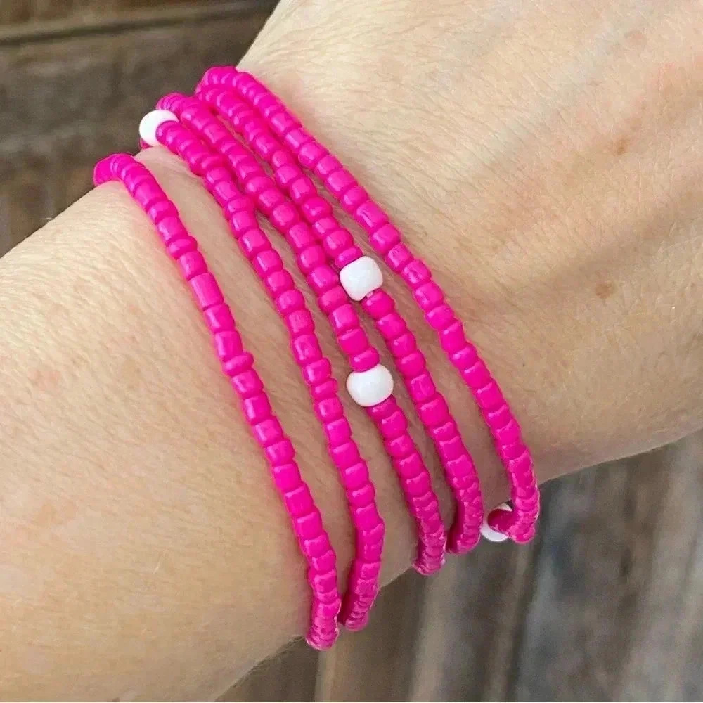 Dark Pink & White Africa Style Seed Bead Waist Beads Stretch Bracelet